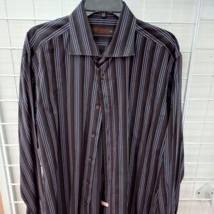 ETRO MENS STRIPED DRESS SHIRT, SIZE EU 44, Blues & Brown Stripes
